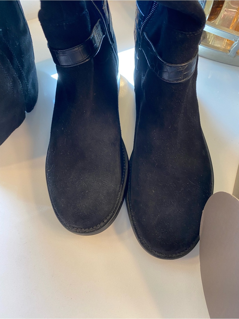 Clarks Black Suede Ankle Boot with Buckle Accent
